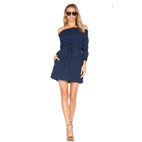 Rag & Bone Drew Off the Shoulder Indigo Pin Striped Tie Waist Dress Sz XS - Picture 1 of 14